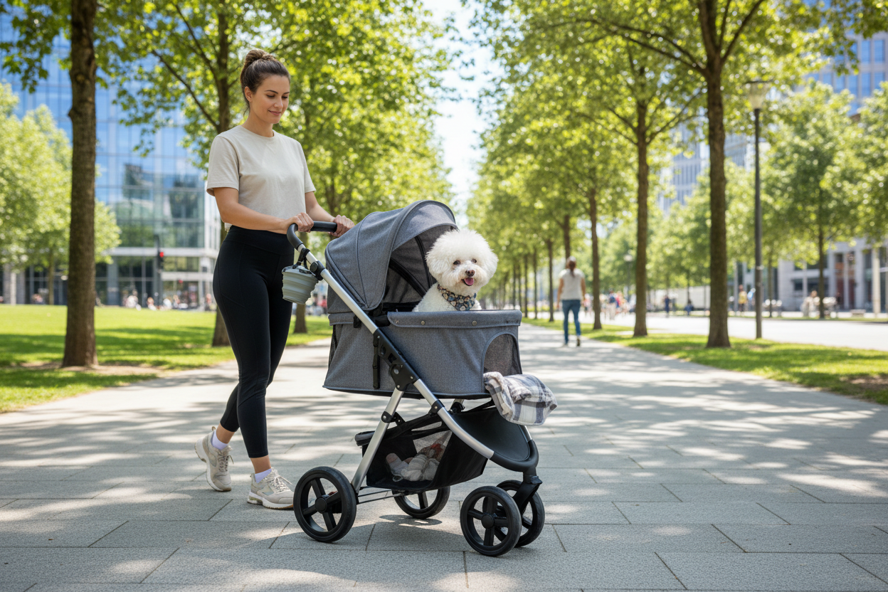 persona che porta un cane in un passeggino